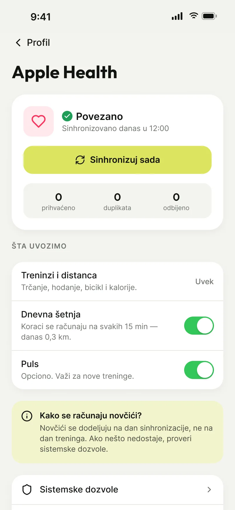Ekran Apple Health: povezano, dugme Sinhronizuj sada i šta se uvozi — treninzi, dnevna šetnja i puls