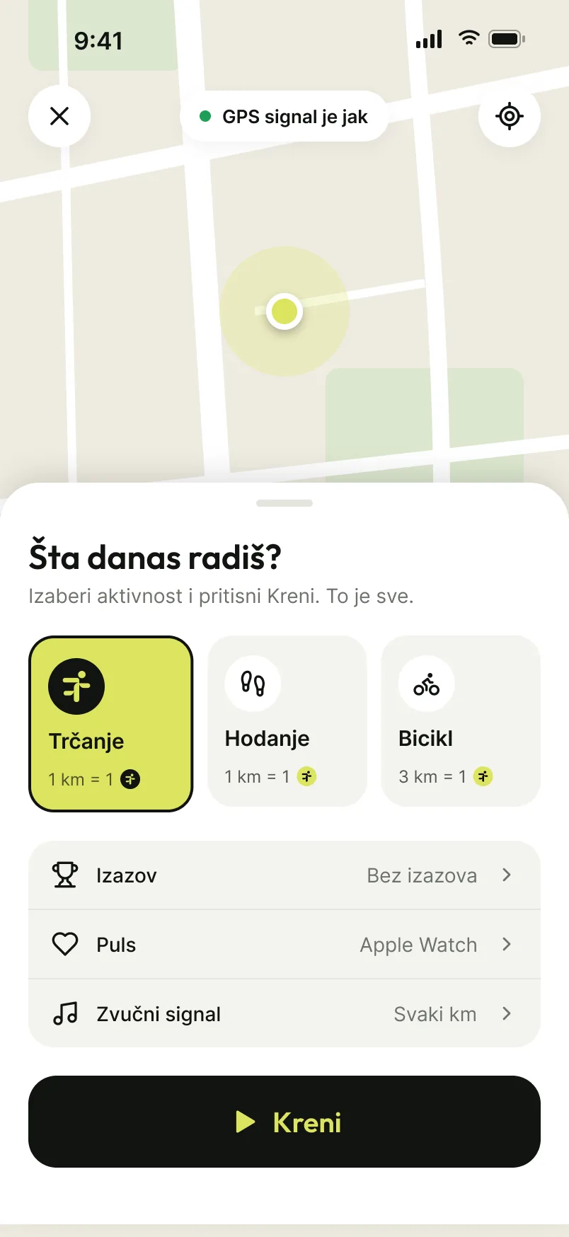Ekran Kreni: izbor aktivnosti trčanje, hodanje ili bicikl i dugme Kreni