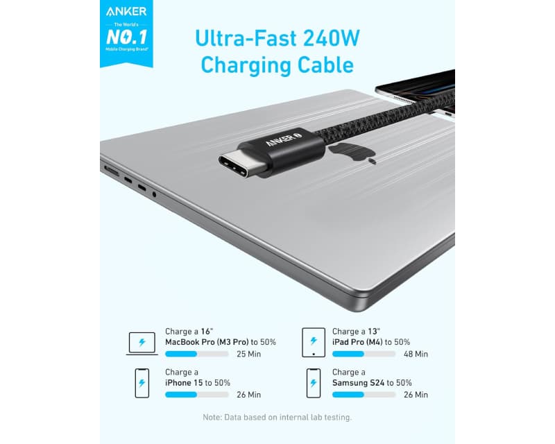 Fotografija proizvoda: Zolo USB-C kabl M/M 1.8m, za Apple, super brzo punjenje 240W/480Mbps, pleteni, crni