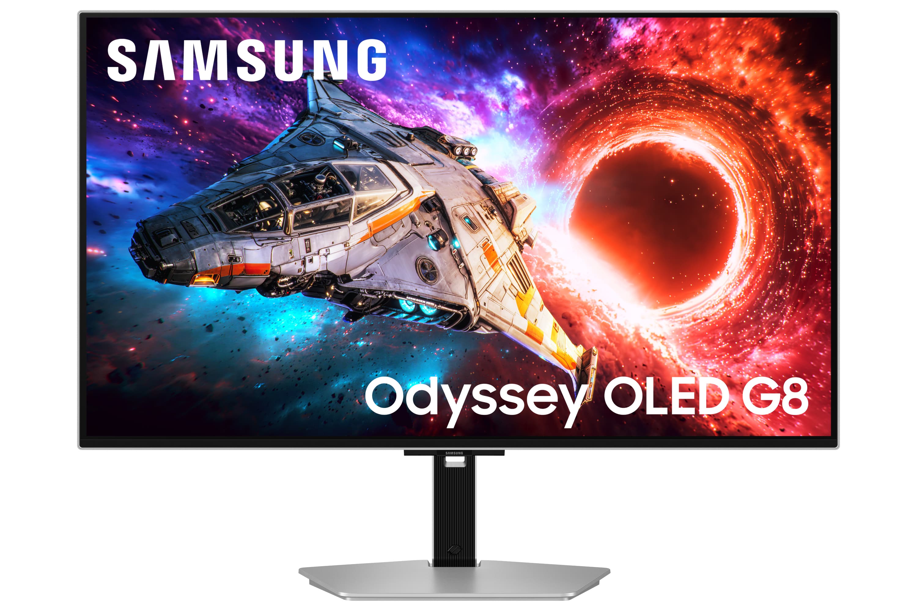Fotografija proizvoda: Monitor SAMSUNG LS32HG800SUXEN 32"/OLED/3840x2160/240Hz/0.03ms/HDMIx2,DP,USB-C/G-sync/pivot/srebrna