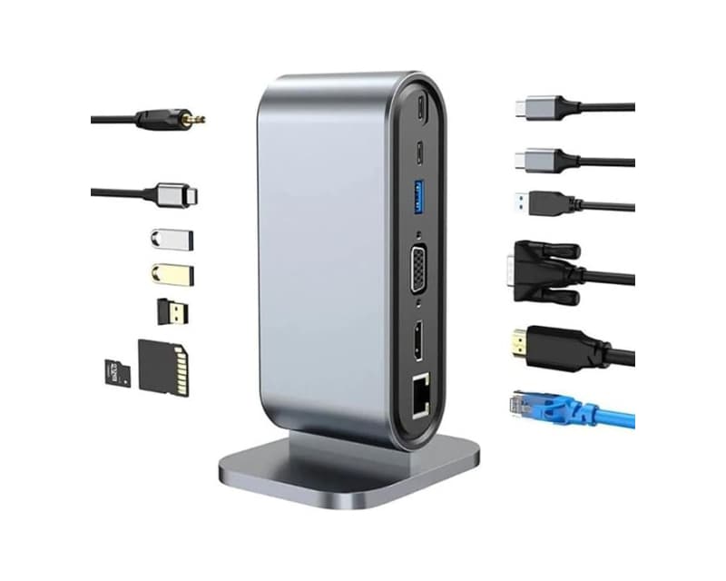 Fotografija proizvoda: Adapter USB-C HUB sa HDMI+VGA+4xUSB+SD/micro+RJ45+PD+2xUSB-C+Audio