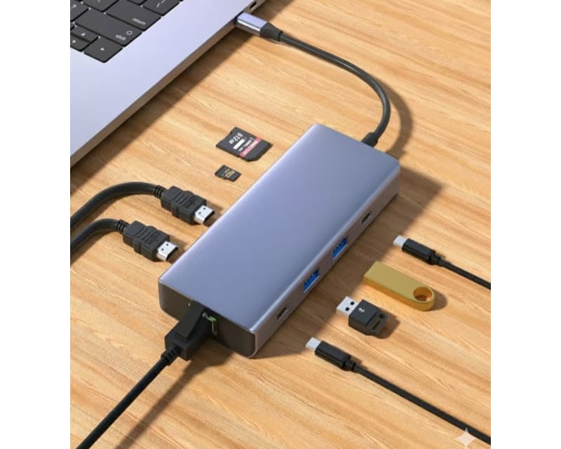 Fotografija proizvoda: Adapter USB-C na 2xHDMI+2xUSB+2xUSB-C+SD/TF+RJ45