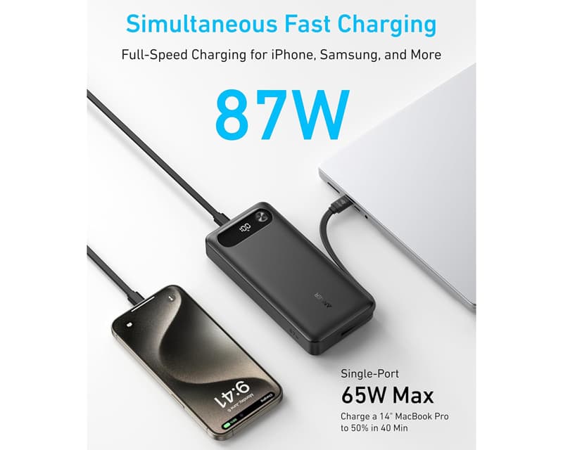 Fotografija proizvoda: 20000mAh, 87W, sa ugrađenim USB-C kablom na izvlačenje, Power Bank crni