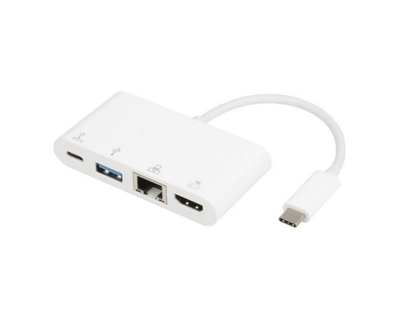 Fotografija proizvoda: Adapter USB 3.1 tip C (M) - HDMI + USB3.0 + RJ45 + tip C (F) beli