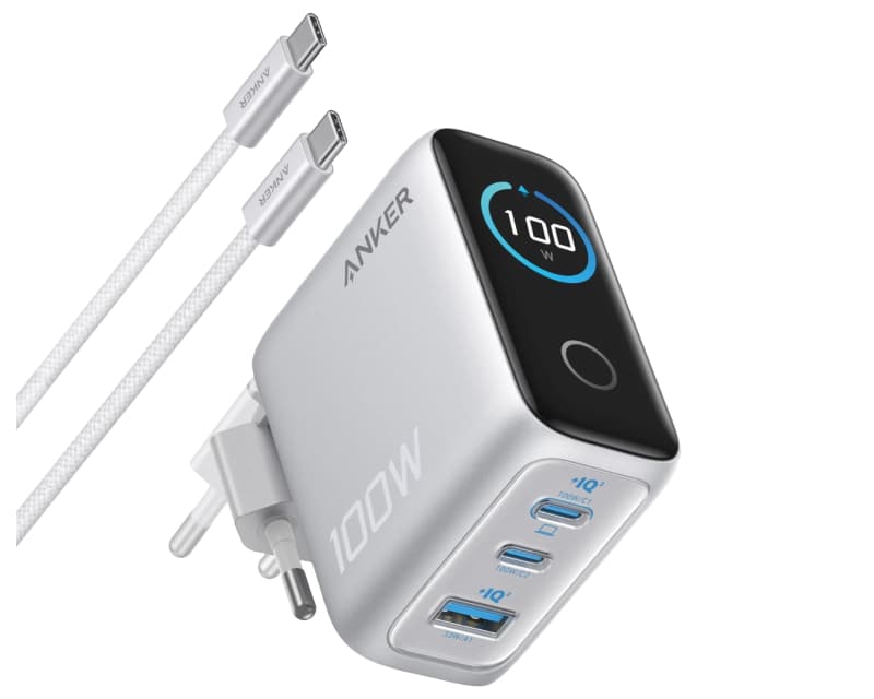 Fotografija proizvoda: 100W GaN zidni brzi punjač, 3-porta (2x USB-C i 1x USB-A) sa USB-C M/M pletenim kablom, srebrni