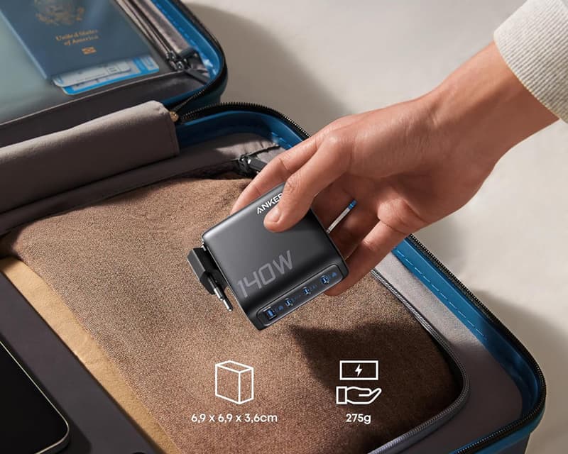 Fotografija proizvoda: 140W GaN wall fast charger, 4-port (3x USB-C, 1x USB-A) with USB-C M/M braided cable, dark gray