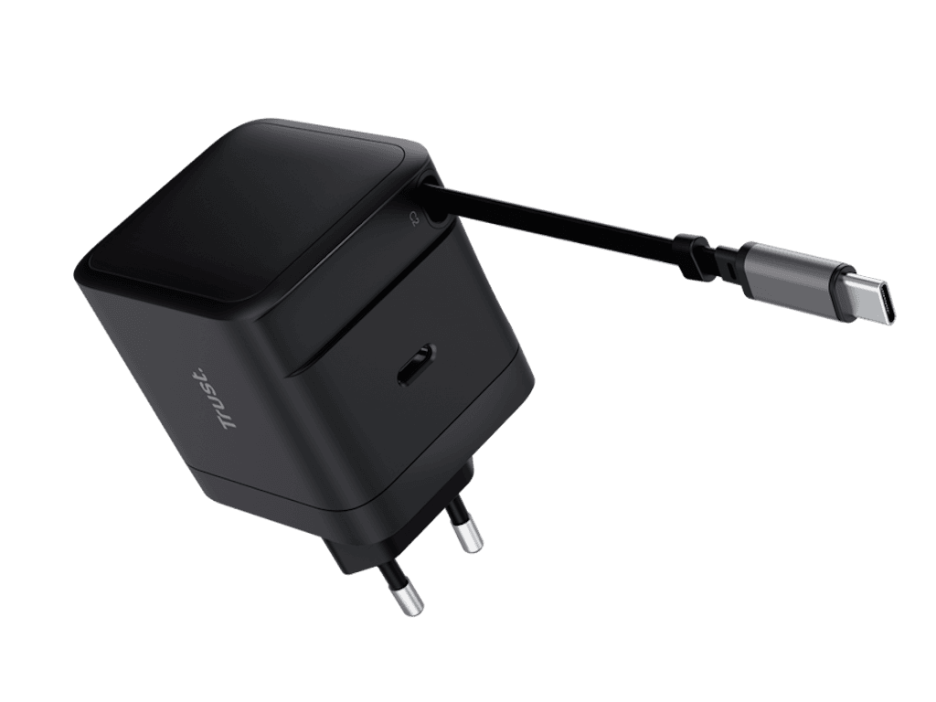 Fotografija proizvoda: Punjac TRUST MAXO 65W RTRCT/2x USB-C/rectractable/0.67m/laptop/tablet/smartphone/crna
