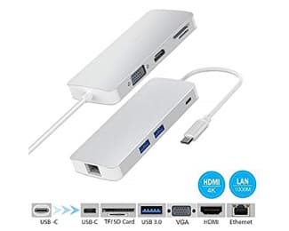 Fotografija proizvoda: Adapter-konvertor USB-C na VGA+HDMI+SD/MICRO SD+RJ45+2xUSB 3.0+USB-C