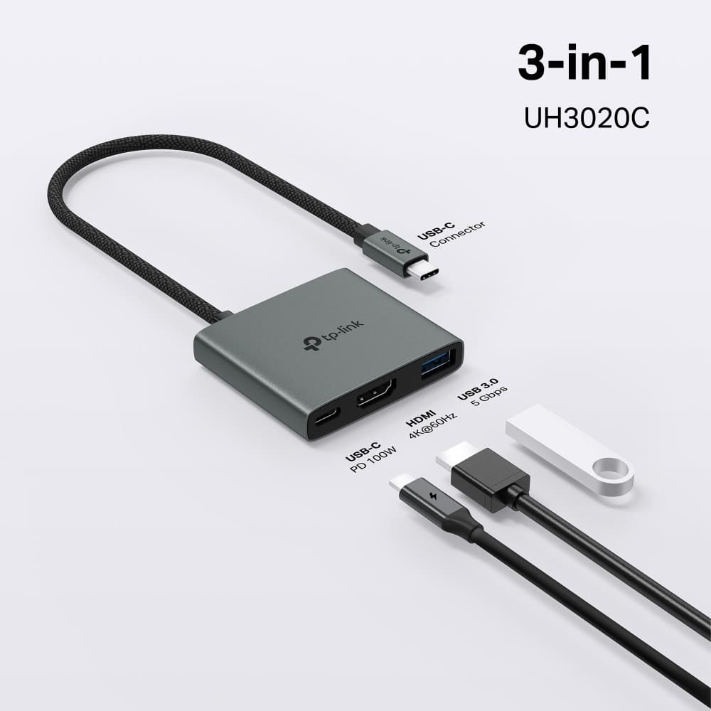 Fotografija proizvoda: Hub TP-LINK UH3020C USB Type-C 3-Port Hub/1*HDMI 4K@60Hz//1*PD 100W/1*USB Type-A 5Gbps