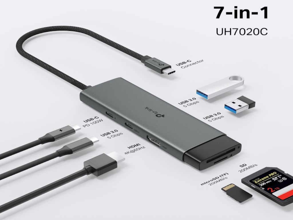 Fotografija proizvoda: Hub TP-LINK USB Type-C 7-Port Hub/1USB-C /1 HDMI 4K 60Hz Port,1×USB-C PD 100W Port,1×SD