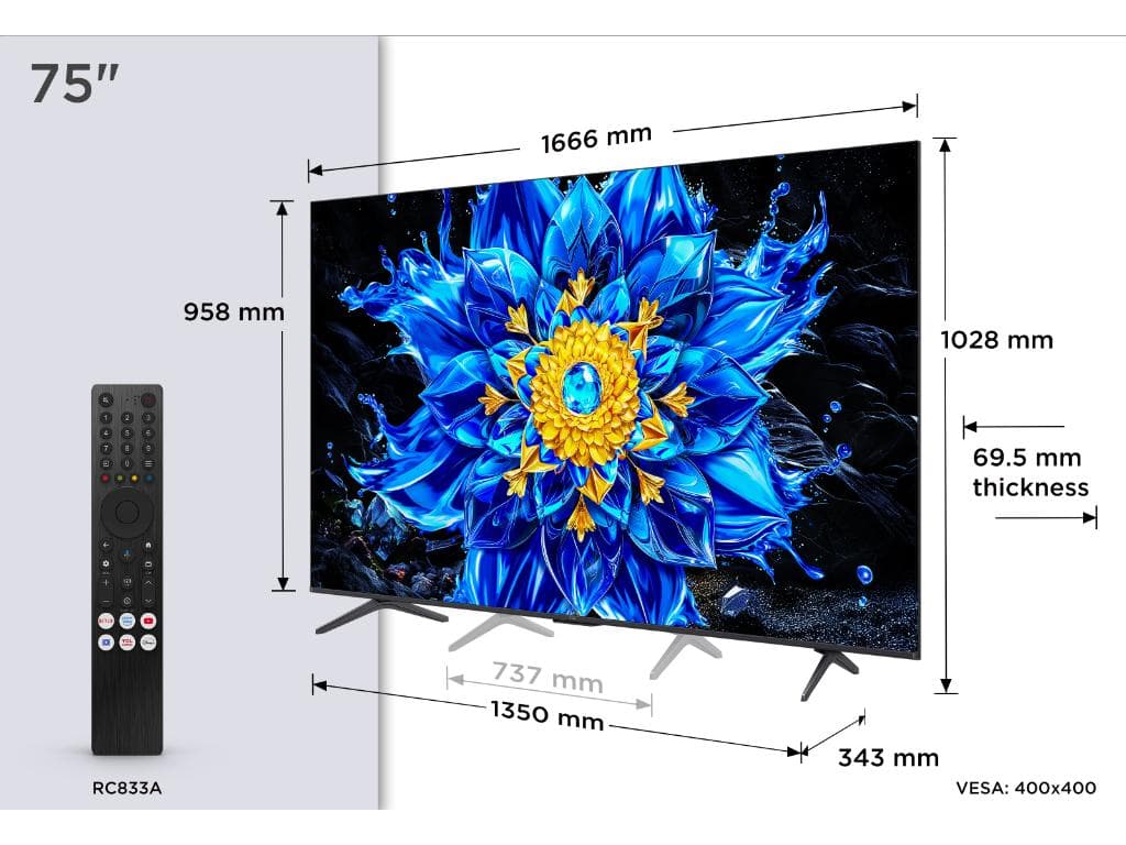 Fotografija proizvoda: Televizor TCL 75P8L/QLED-Mini LED/75"/4K UHD/144Hz/Google TV/crna