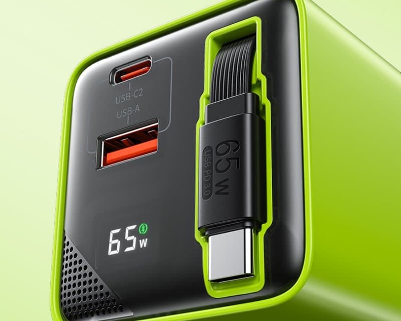 Fotografija proizvoda: WP-U39 Superbrzi Strujni GaN punjač, 2-porta USB (3.0 i 3.1 tip C) 65W sa displlejom i USB 3.1 tip C kablom 0.8m, žuti
