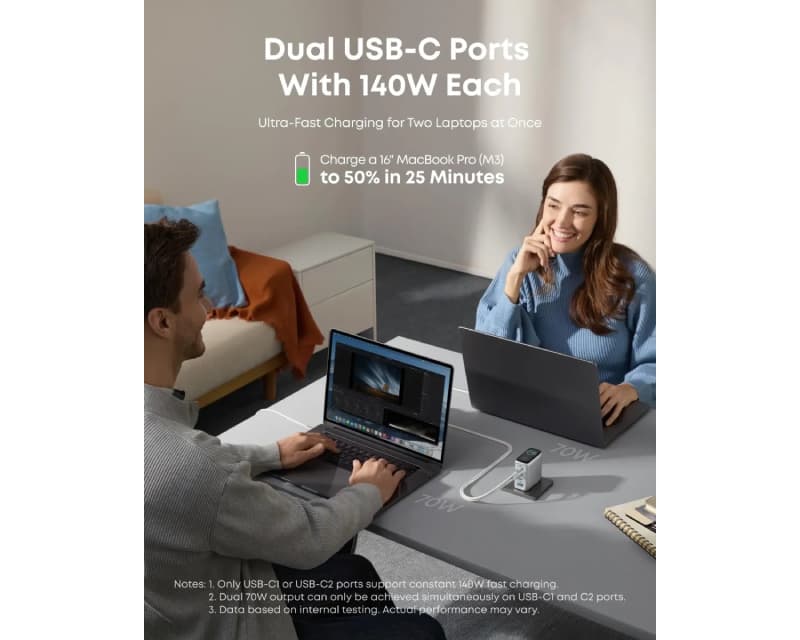 Fotografija proizvoda: 140W GaN wall fast charger, 4-port (3x USB-C and 1x USB-A) with USB-C M/M braided cable, silver