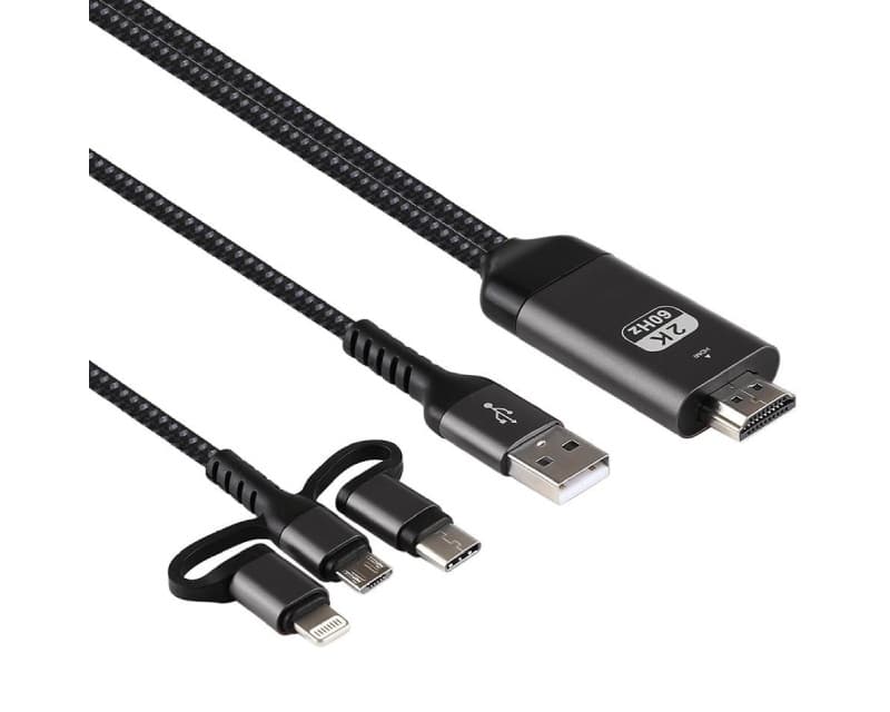Fotografija proizvoda: HDMI 2K kabl (Micro+Tip C+iPhone) povezuje TV+mob 2m