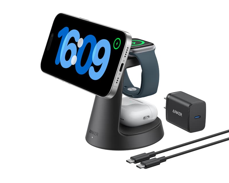 Fotografija proizvoda: MagGo Wireless Dock Stand 3u1, with cables and wall charger, black