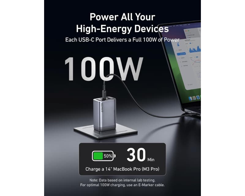 Fotografija proizvoda: Prime 100W GaN wall fast charger, 3-port (2x USB-C and 1x USB-A) silver