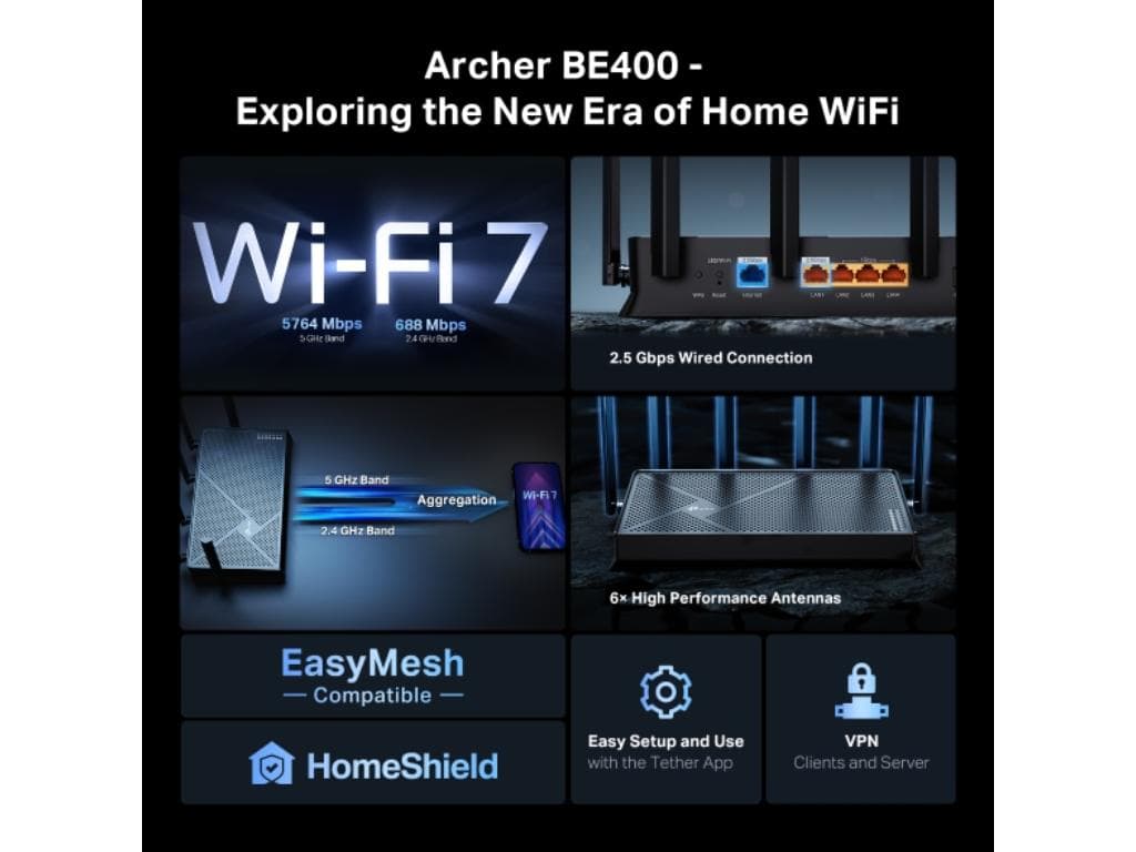 Fotografija proizvoda: Bežicni ruter TP-LINK Archer BE400 WiFi7/BE6500 /6 antena