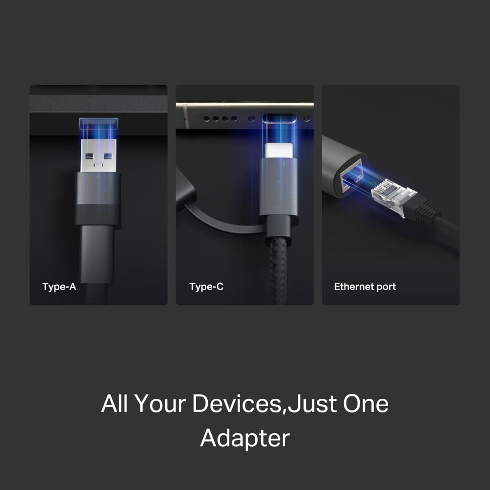 Fotografija proizvoda: Adapter TP-LINK UE310C USB-C /USB-A-> RJ45 Gigabit Ethernet Network