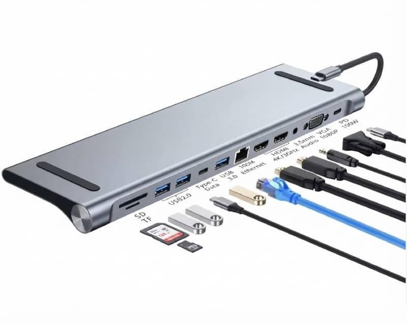 Fotografija proizvoda: Multiport USB 3.1 tip C (M) - 2 x HDMI + VGA + 3 x USB 3.0 + 1 x tip C-(PD 100W) + USB 2.0 + 3.5mm + SD/TF + RJ45 (F)1000 Mbps (12 u 1)