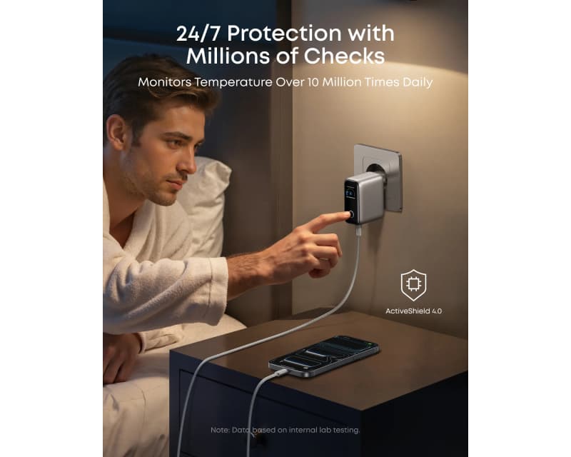 Fotografija proizvoda: 100W GaN zidni brzi punjač, 3-porta (2x USB-C i 1x USB-A) sa USB-C M/M pletenim kablom, srebrni