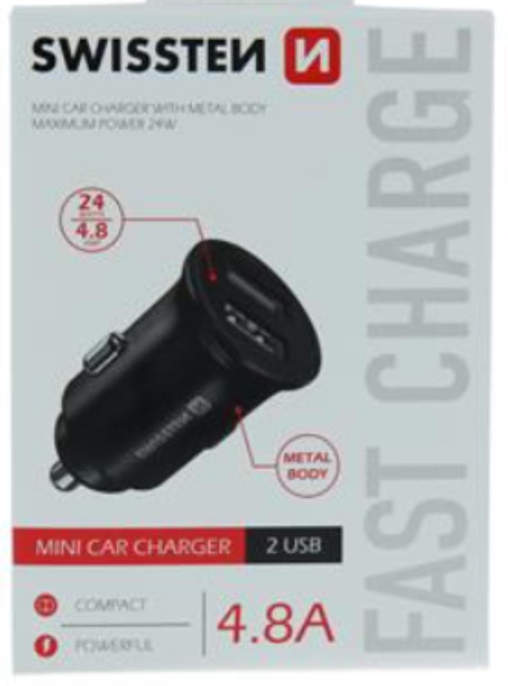Fotografija proizvoda: SWISSTEN CHARGER WITH 2x USB 4,8A METAL BLACK