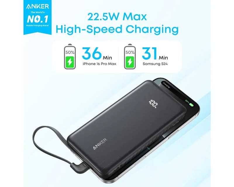 Fotografija proizvoda: Zolo 10000mAh, 22.5W, sa ugrađenim USB-C kablom, Power Bank crni