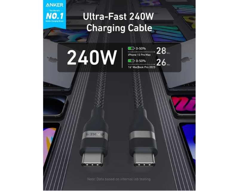 Fotografija proizvoda: USB-C kabl M/M 1.8m, za super brzo punjenje 240W/480Mbps, pleteni, crni