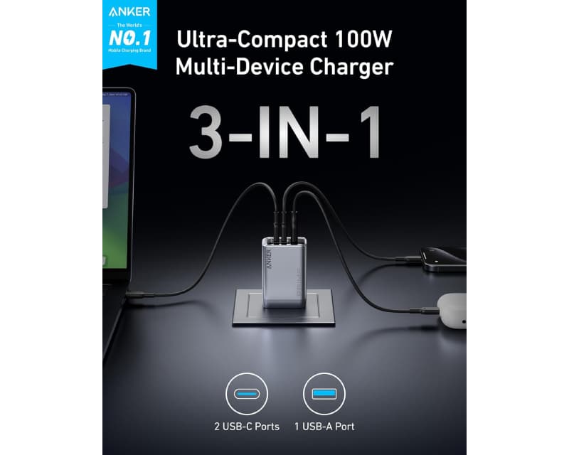 Fotografija proizvoda: Prime 100W GaN wall fast charger, 3-port (2x USB-C and 1x USB-A) silver